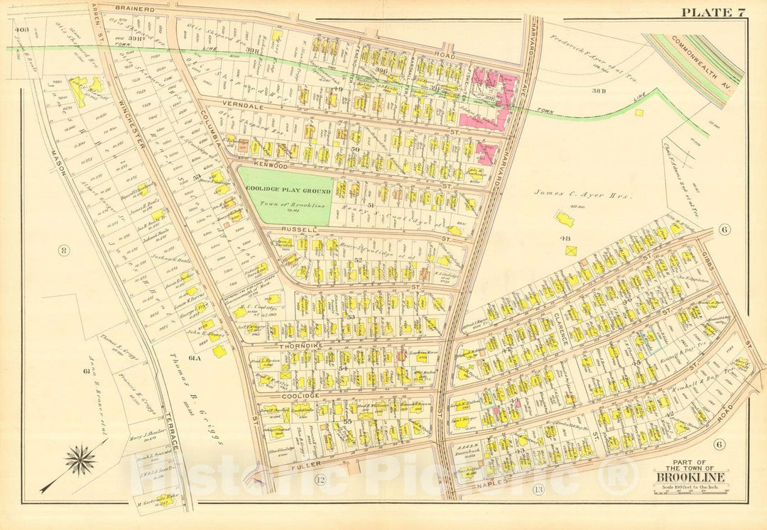 Historic Map : Atlas Town of Brookline, Norfolk County Massachusetts, Brookline 1913 Plate 007 , Vintage Wall Art