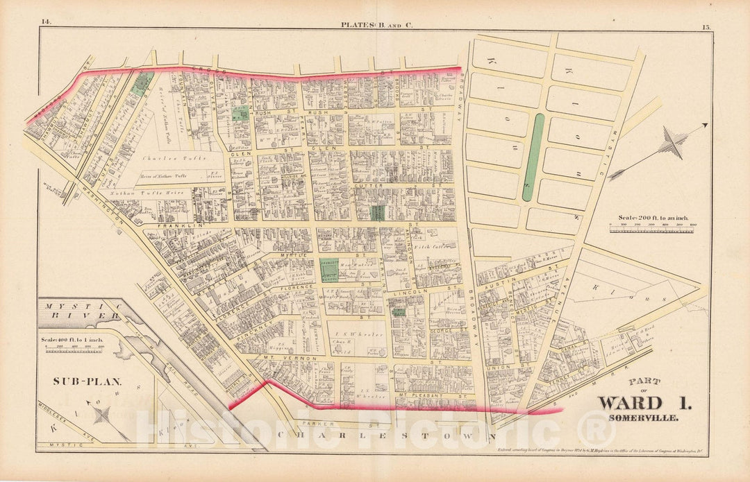 Historic Map : Atlas City of Somerville, Somerville 1874 Plate B , Vintage Wall Art