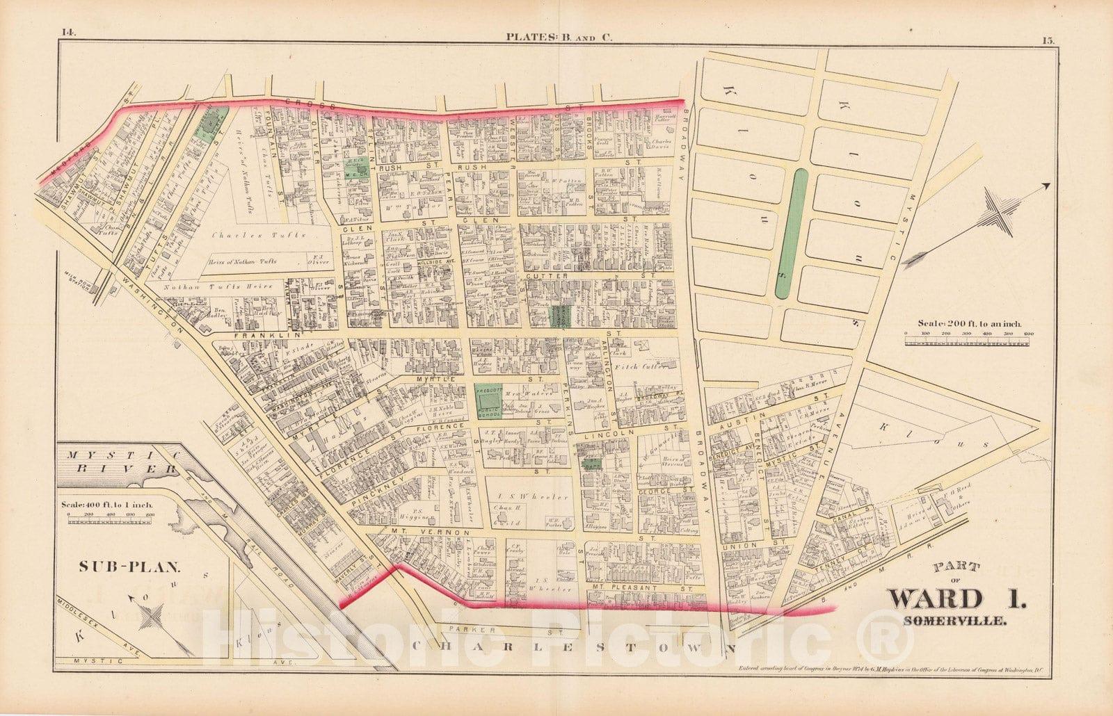 Historic Map : Atlas City of Somerville, Somerville 1874 Plate B , Vintage Wall Art