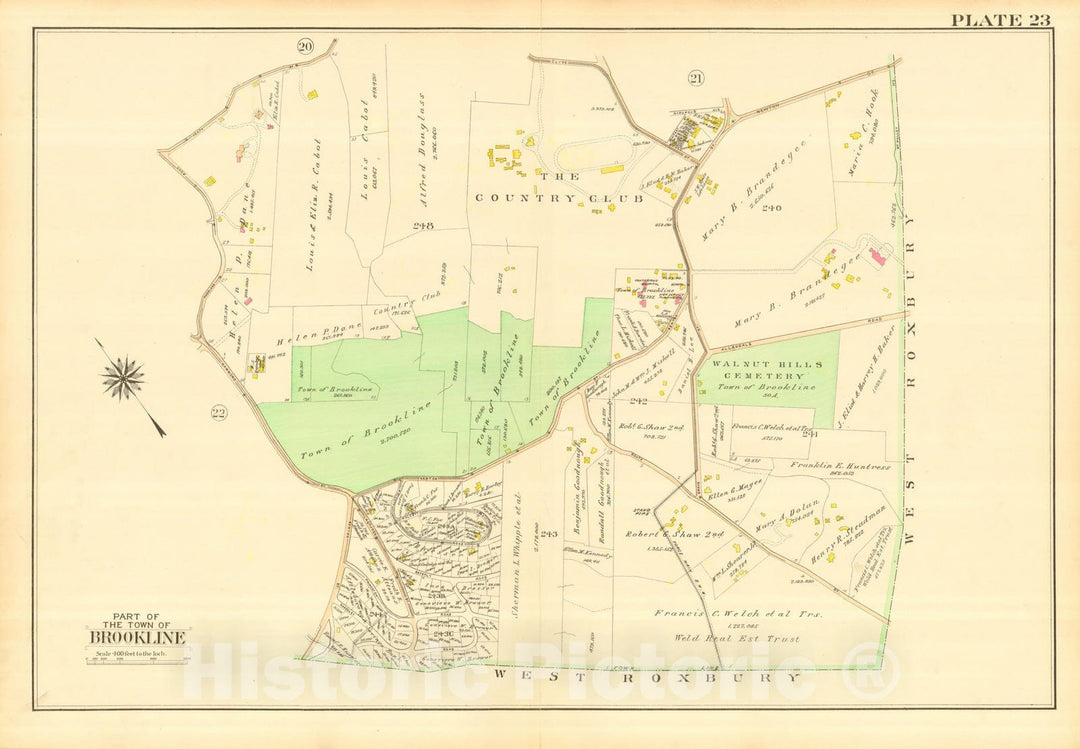 Historic Map : Atlas Town of Brookline, Norfolk County Massachusetts, Brookline 1913 Plate 023 , Vintage Wall Art