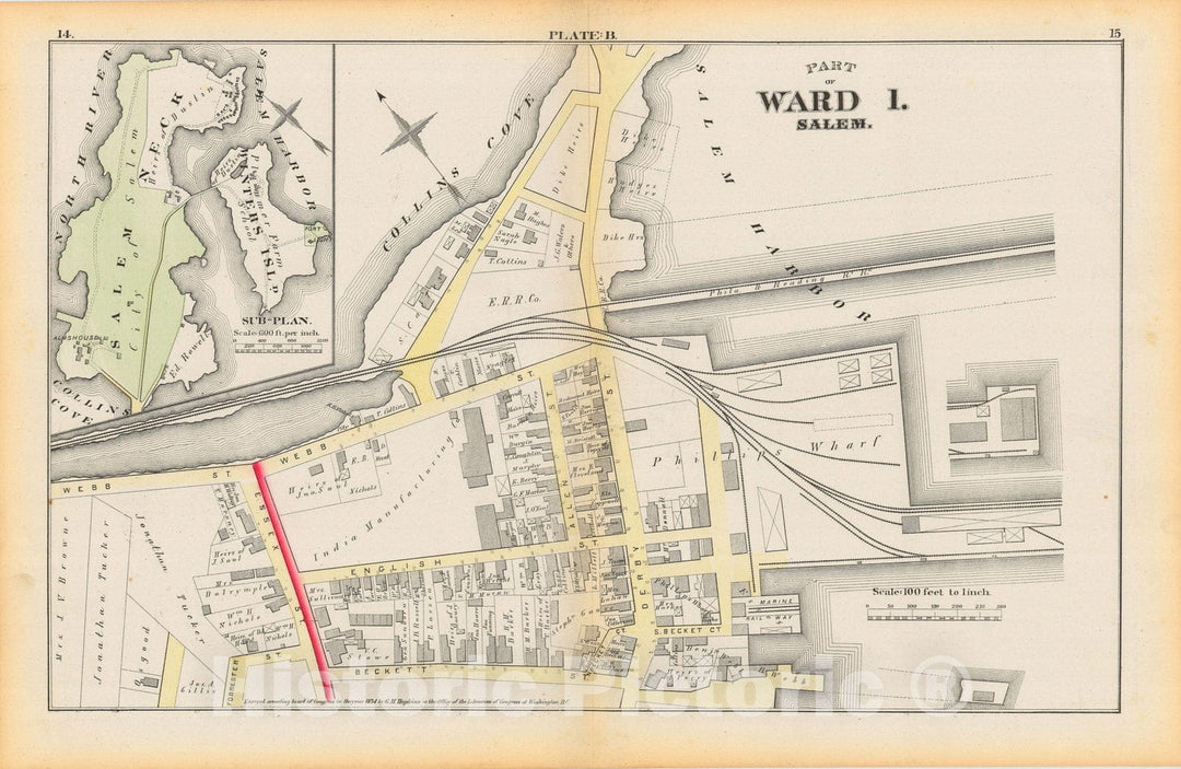 Historic Map : Atlas City of Salem, Massachusetts, Salem 1874 Plate B , Vintage Wall Art
