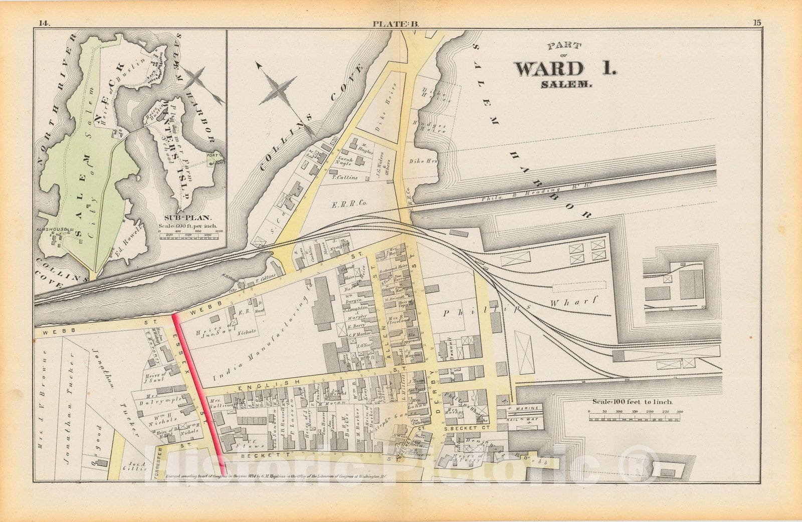 Historic Map : Atlas City of Salem, Massachusetts, Salem 1874 Plate B , Vintage Wall Art