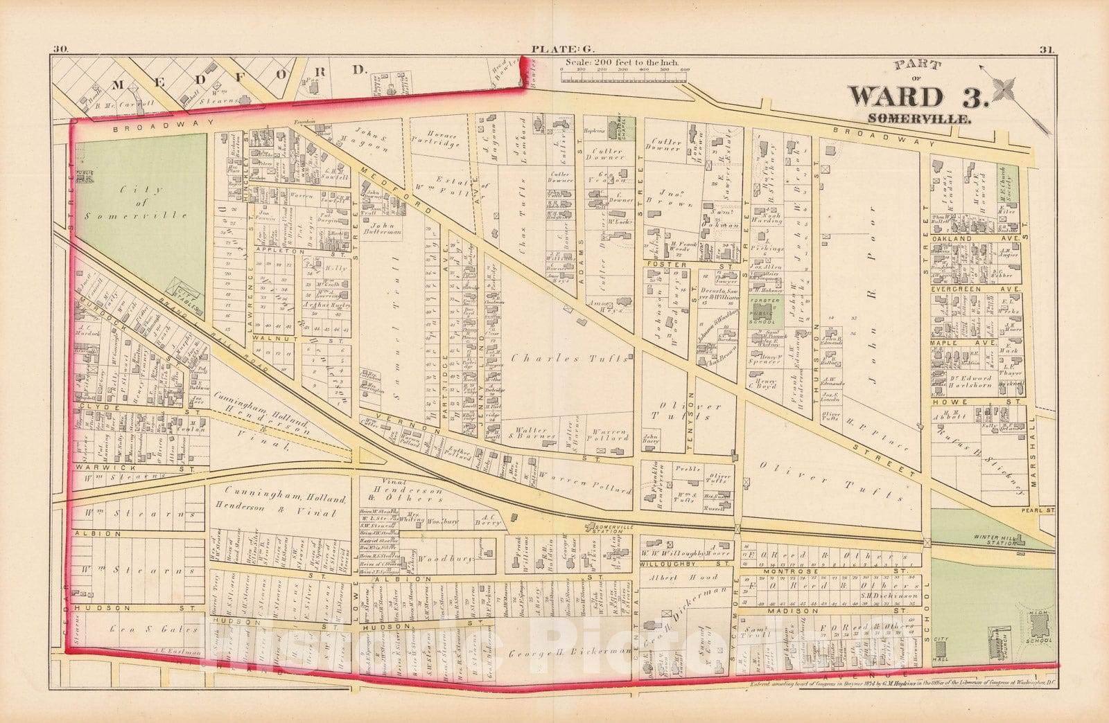 Historic Map : Atlas City of Somerville, Somerville 1874 Plate G , Vintage Wall Art