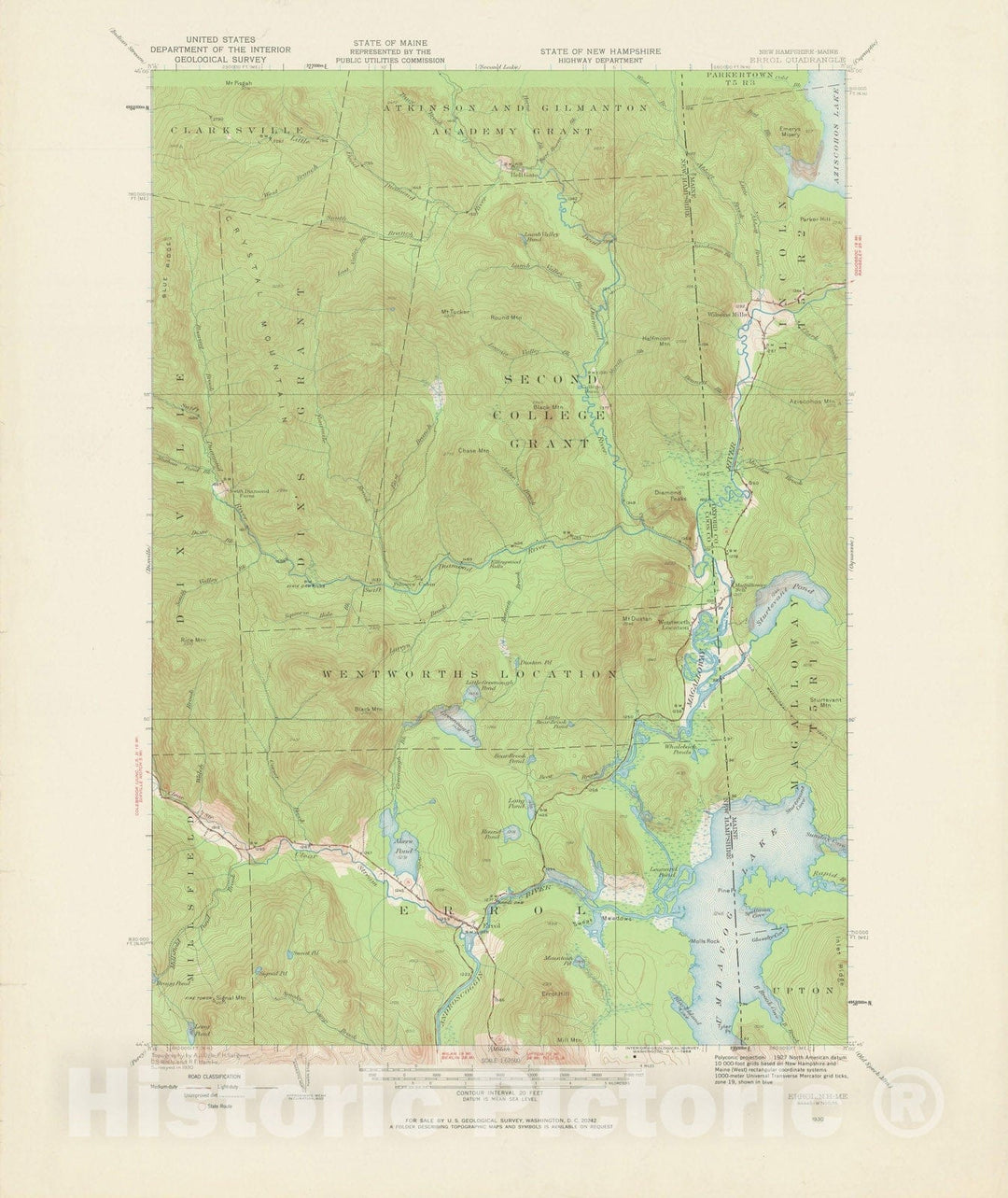 Historic Map : USGS 7.5 Minute Sheets and Quadrangles, Errol 1930 Topographic Map , Vintage Wall Art