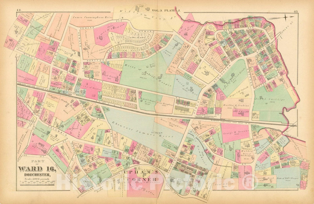 Historic Map : Atlas of County of Suffolk, MA Vol. 3rd, Dorchester 1874 Plate J , Vintage Wall Art