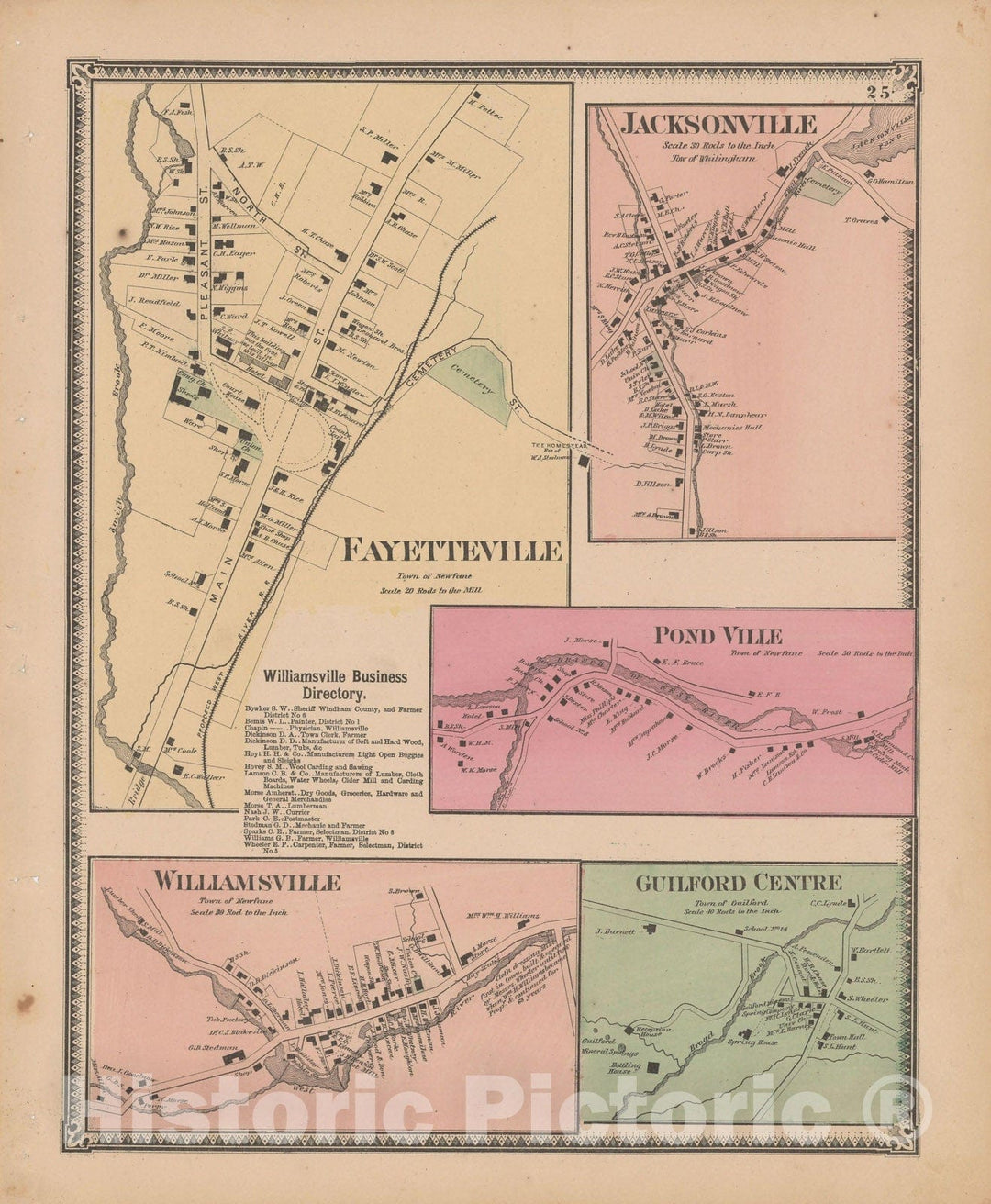 Historic Map : Atlas of Windham County, VT, Guilford & Newfane & Wittingham 1869 , Vintage Wall Art