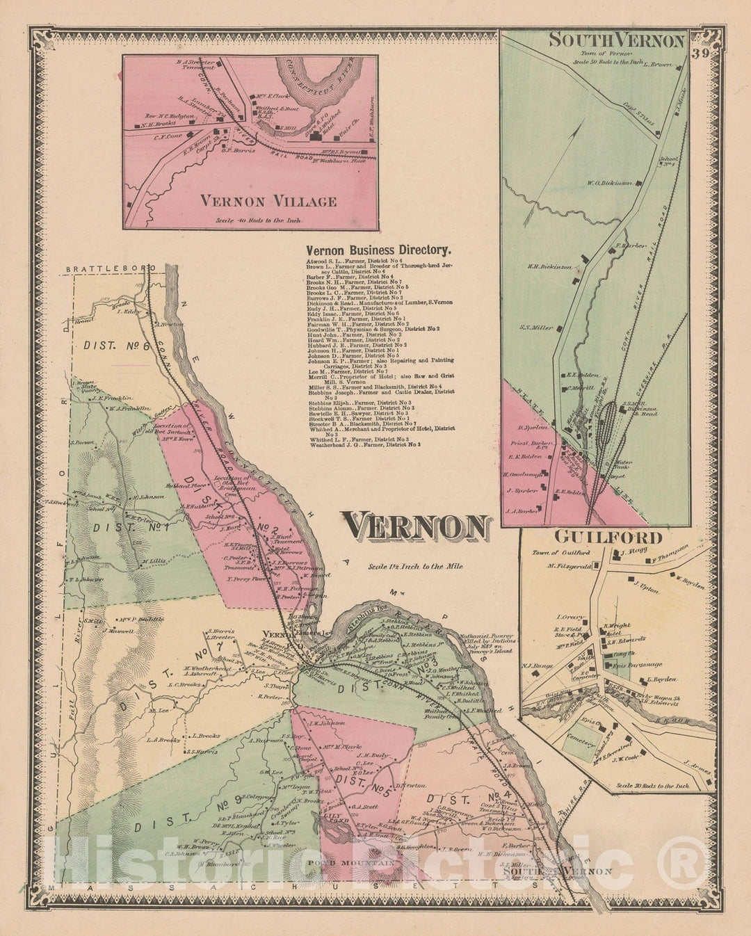 Historic Map : Atlas of Windham County, VT, Guilford & Vernon 1869 , Vintage Wall Art