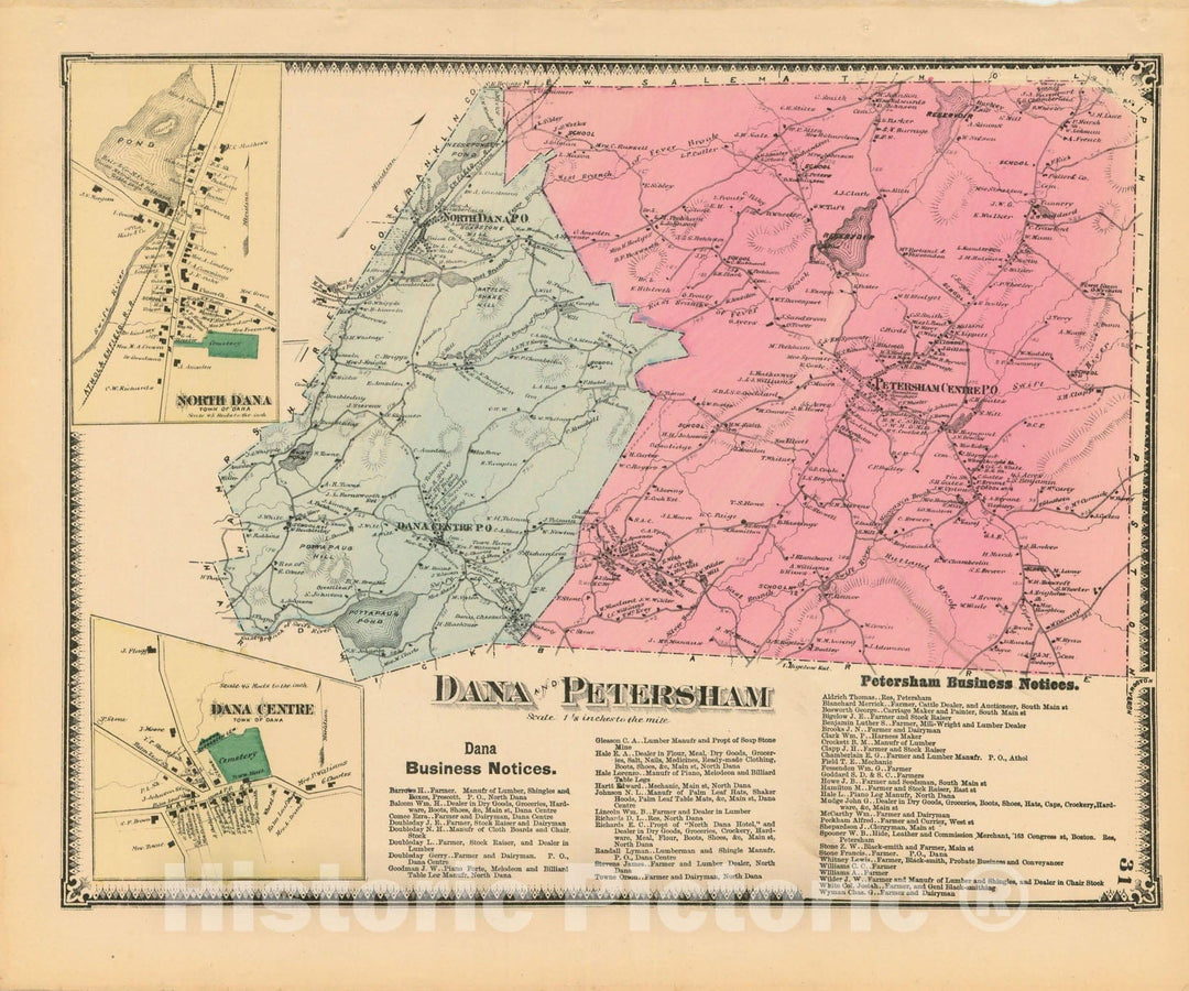 Historic Map : Atlas of Worcester County, Massachsuetts, Dana & Petersham 1870 , Vintage Wall Art