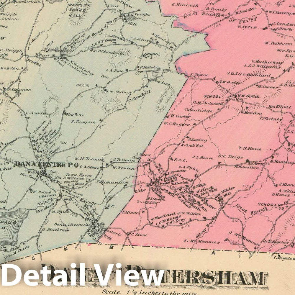 Historic Map : Atlas of Worcester County, Massachsuetts, Dana & Petersham 1870 , Vintage Wall Art