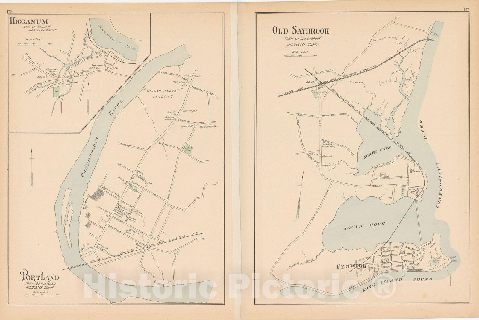 Historic Map : Old Saybrook & Portland 1893 , Town and City Atlas State of Connecticut , Vintage Wall Art