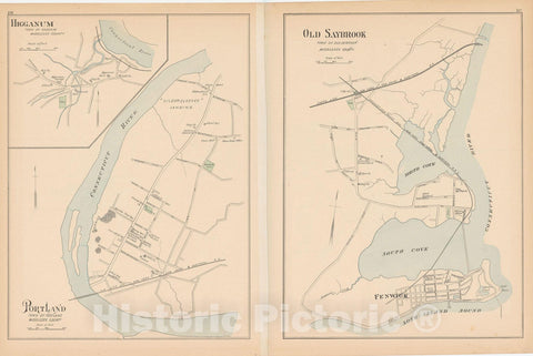 Historic Map : Old Saybrook & Portland 1893 , Town and City Atlas State of Connecticut , Vintage Wall Art