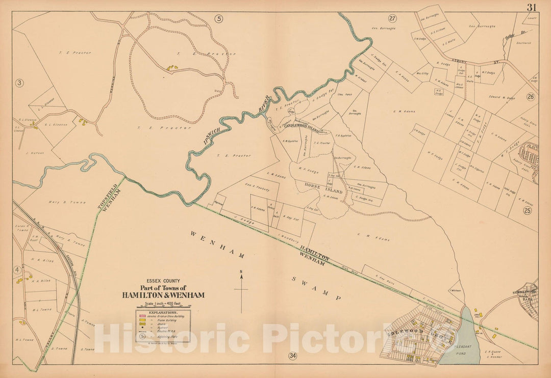 Historic Map : Atlas Towns of Topsfield, Ipswich, Essex, Hamilton and Wenham, Essex County, MA, Hamilton & Wenham 1910 Plate 031 , Vintage Wall Art