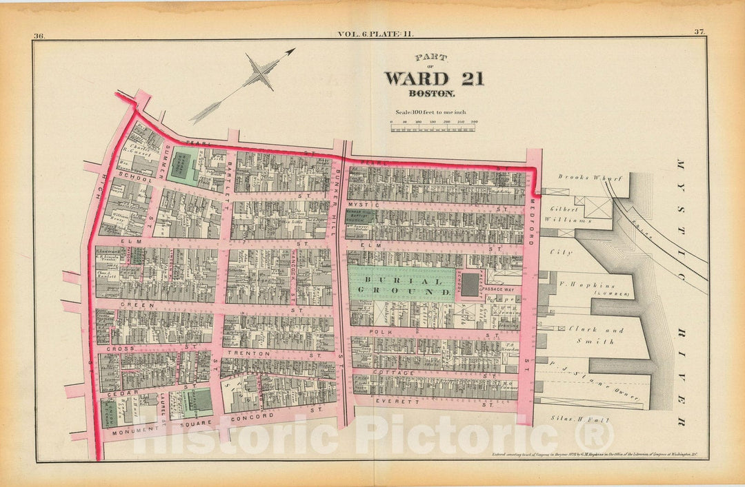 Historic Map : Atlas County of Suffolk, Massachusetts Vol. 6, Charlestown 1875 Plate H , Vintage Wall Art