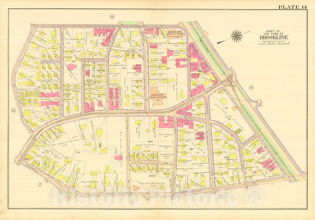 Historic Map : Atlas Town of Brookline, Norfolk County Massachusetts, Brookline 1913 Plate 014 , Vintage Wall Art