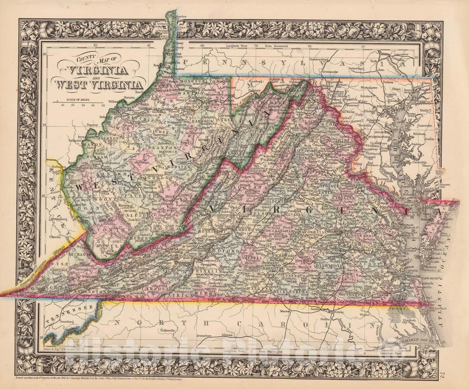 Historic Map : Virginia & West Virginia 1864 , New General (World) Atlas , Vintage Wall Art