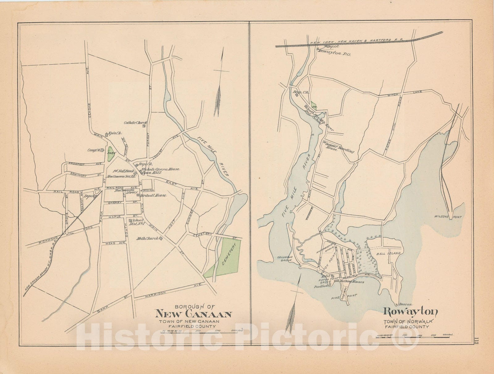 Historic Map : New Canaan & Norwalk 1893 , Town and City Atlas State of Connecticut , Vintage Wall Art