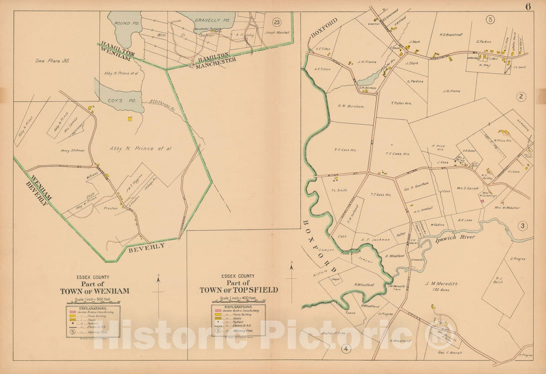 Historic Map : Atlas Towns of Topsfield, Ipswich, Essex, Hamilton and Wenham, Essex County, MA, Topsfield & Wenham 1910 Plate 006 , Vintage Wall Art