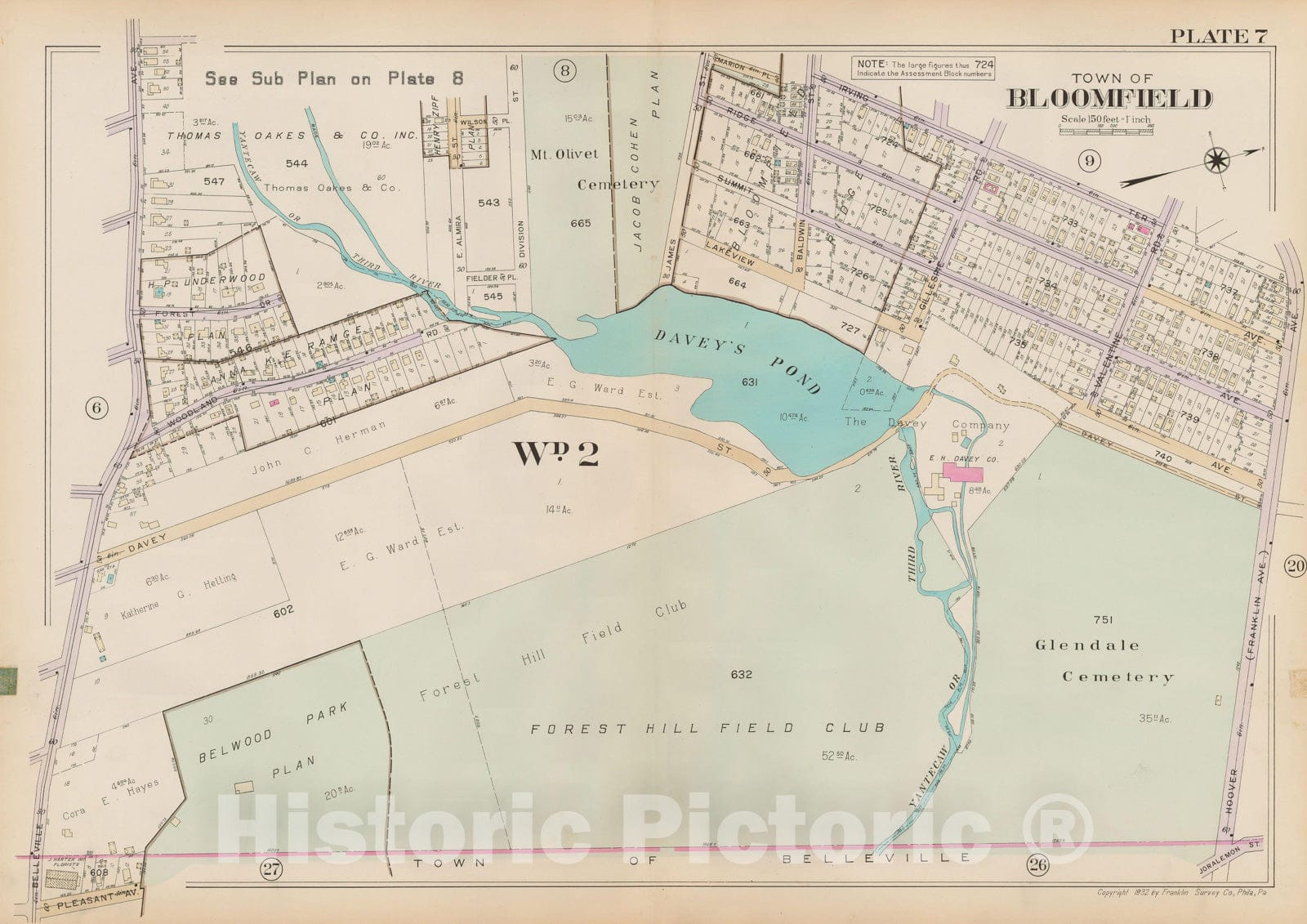 Historic Map : Atlas of Bloomfield, Belleville and Nutley; Essex County Vol D, Bloomfield 1932 Plate 007 , Vintage Wall Art