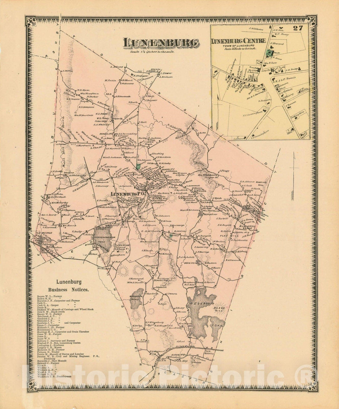 Historic Map : Atlas of Worcester County, Massachsuetts, Lunenburg 1870 , Vintage Wall Art