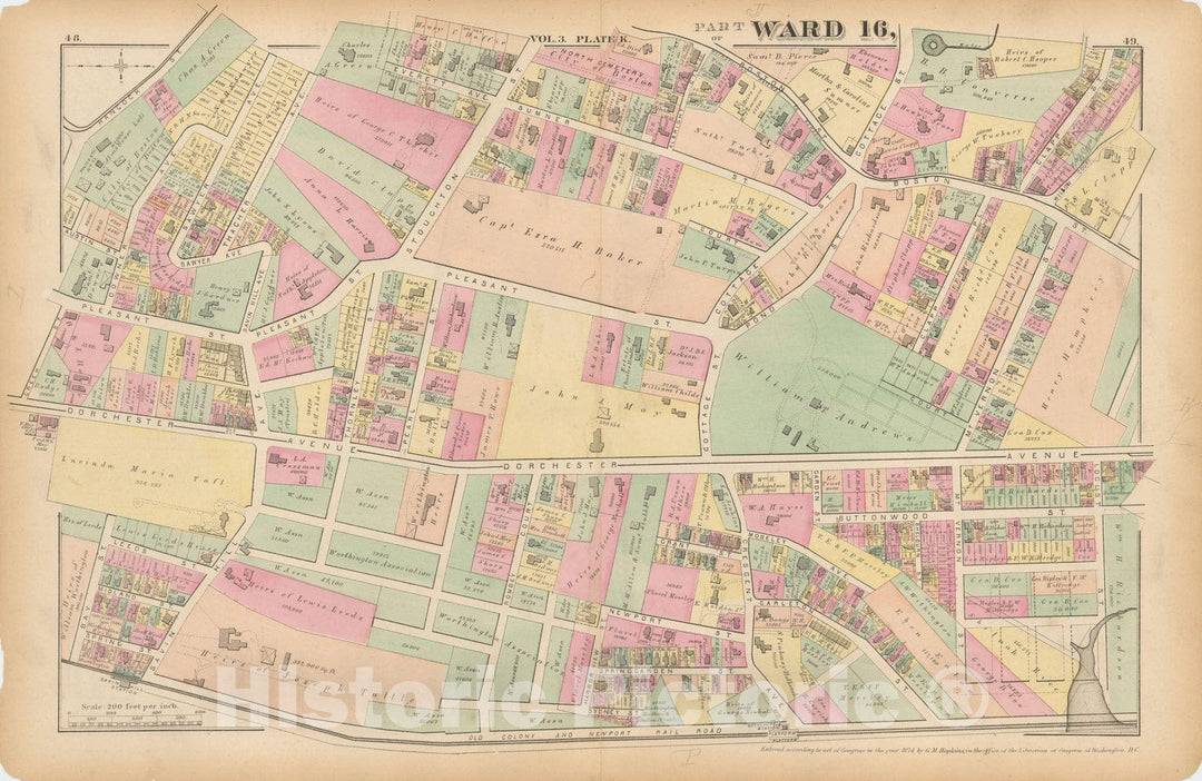 Historic Map : Atlas of County of Suffolk, MA Vol. 3rd, Dorchester 1874 Plate K , Vintage Wall Art