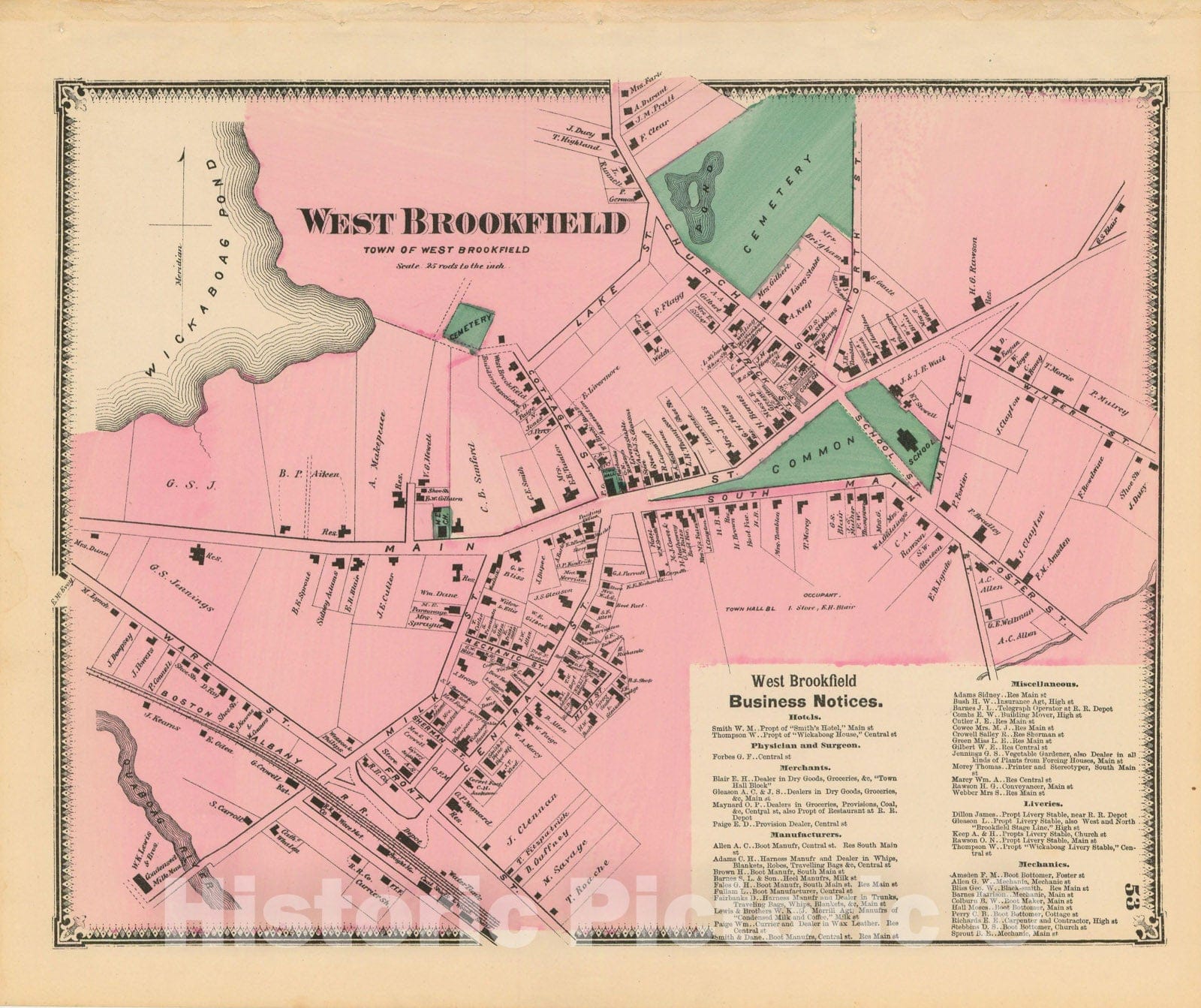 Historic Map : Atlas of Worcester County, Massachsuetts, West Brookfield 1870 , Vintage Wall Art