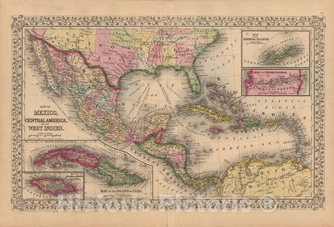Historic Map : West Indies & Mexico & Cuba & Panama & Bermuda & Jamaica 1867 , New General Atlas , Vintage Wall Art