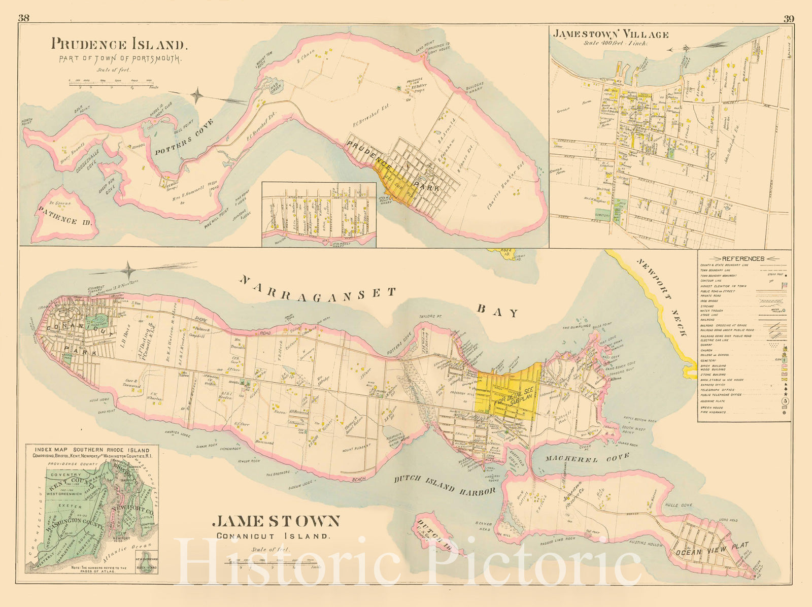Historic Map : Atlas of Southern Rhode Island, Jamestown 1895 , Vintage Wall Art