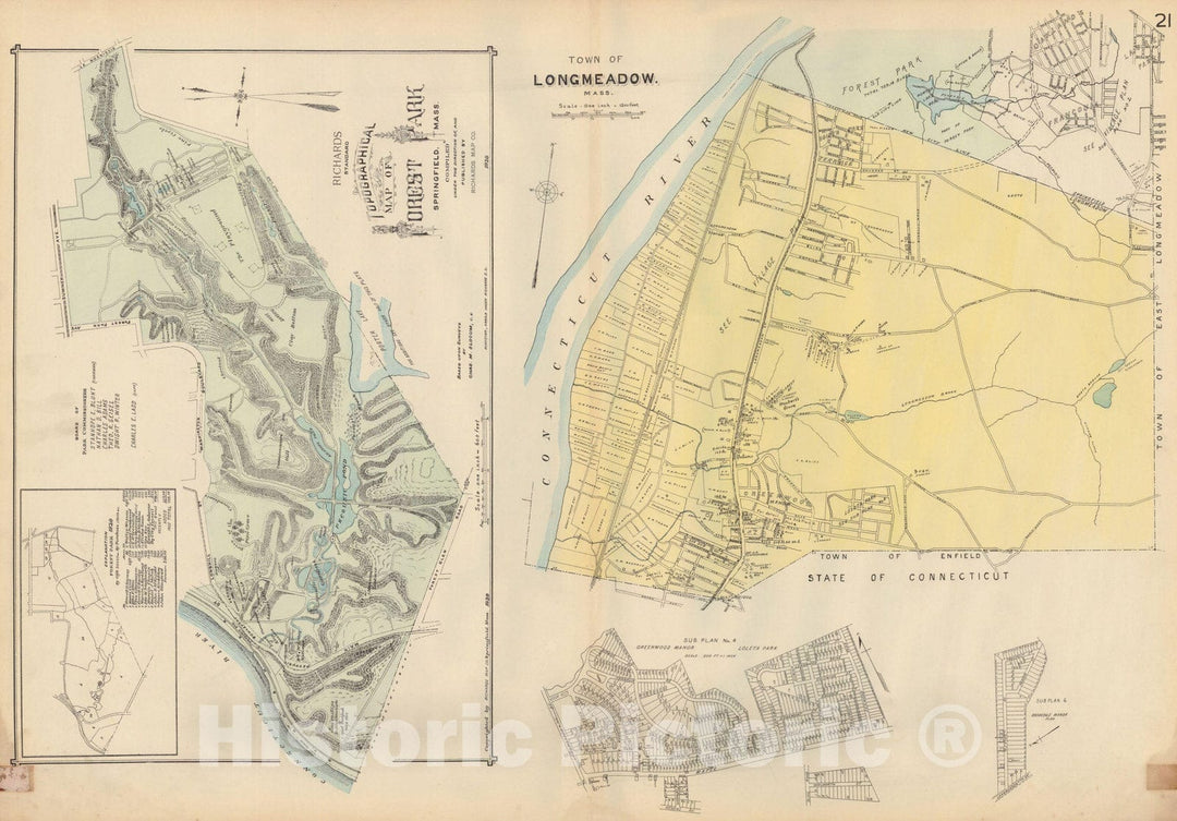 Historic Map : Atlas City of Springfield and the Town of Longmeadow, Longmeadow & Springfield 1920 Plate 021 , Vintage Wall Art
