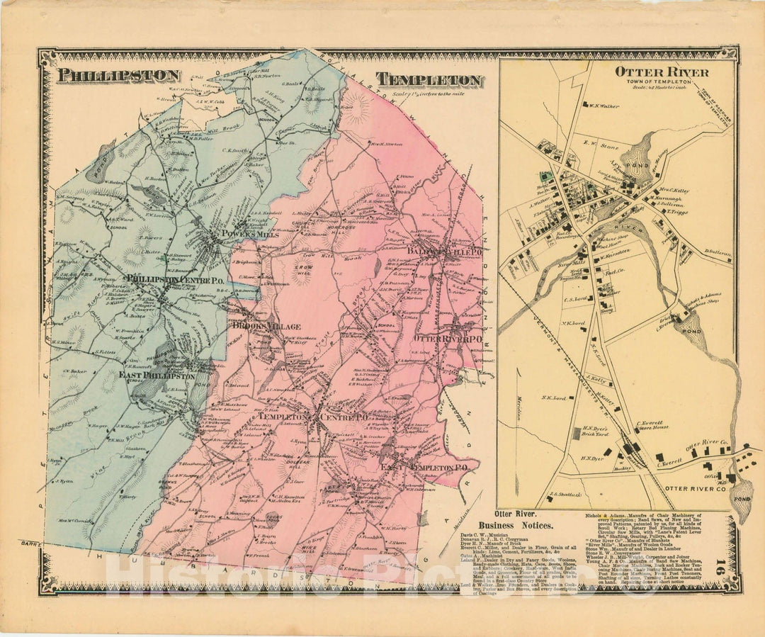 Historic Map : Atlas of Worcester County, Massachsuetts, Phillipston & Templeton 1870 , Vintage Wall Art