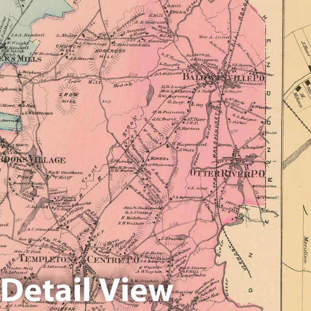Historic Map : Atlas of Worcester County, Massachsuetts, Phillipston & Templeton 1870 , Vintage Wall Art