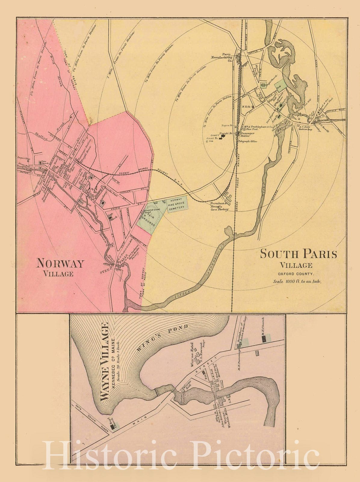 Historic Map : Atlas State of Maine, Norway & South Paris & Wayne 1894-95 , Vintage Wall Art