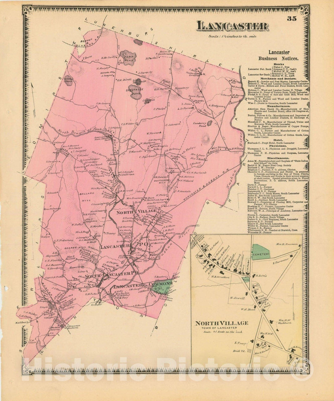 Historic Map : Atlas of Worcester County, Massachsuetts, Lancaster 1870 , Vintage Wall Art