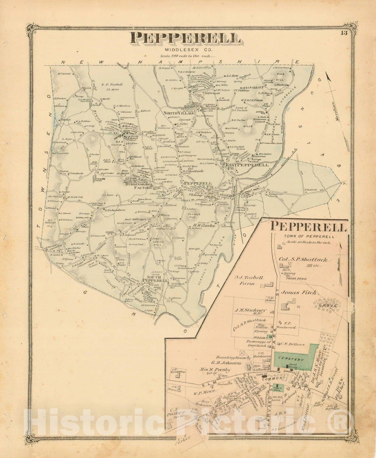 Historic Map : County Atlas of Middlesex Massachusetts, Pepperell 1875 , Vintage Wall Art