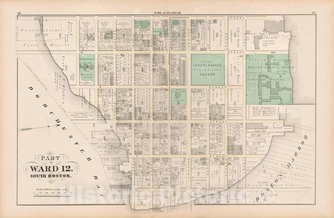 Historic Map : Atlas of County of Suffolk, MA Vol. 3rd, South Boston 1874 Plate H , Vintage Wall Art