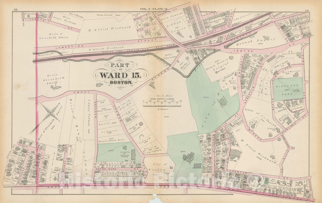 Historic Map : Atlas of County of Suffolk, MA Vol. 2nd, Roxbury 1873 Plate M , Vintage Wall Art