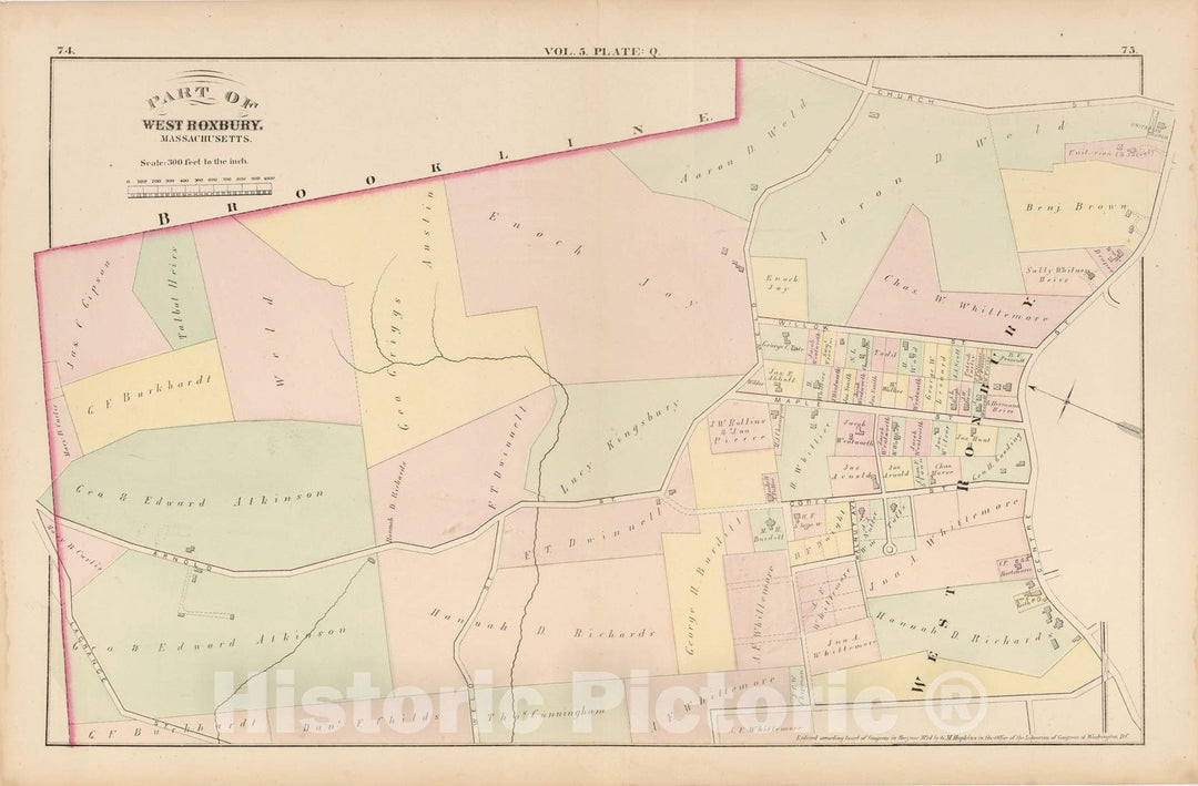 Historic Map : Atlas of County of Suffolk, MA, Vol. 5th, West Roxbury 1874 Plate Q , Vintage Wall Art
