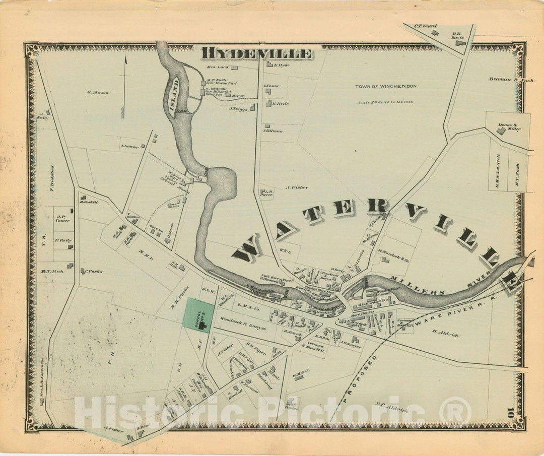 Historic Map : Atlas of Worcester County, Massachsuetts, Hydeville 1870 , Vintage Wall Art