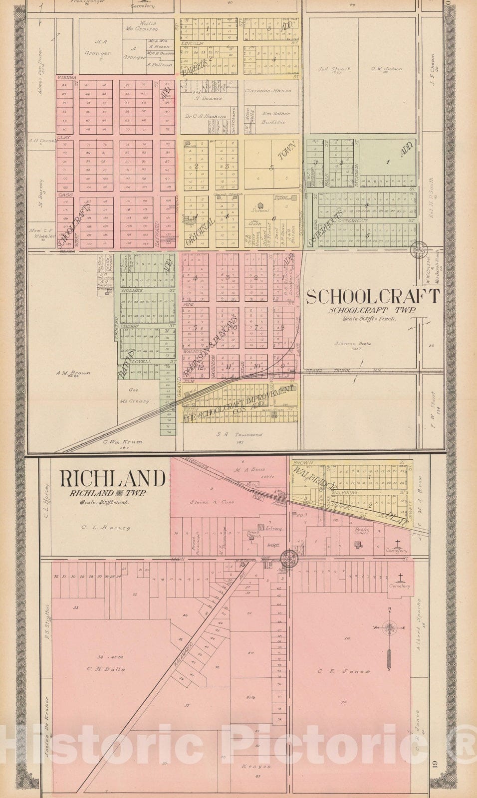 Historic Map : Richland & Schoolcraft 1910 , Standard Atlas of Kalamazoo County , Vintage Wall Art