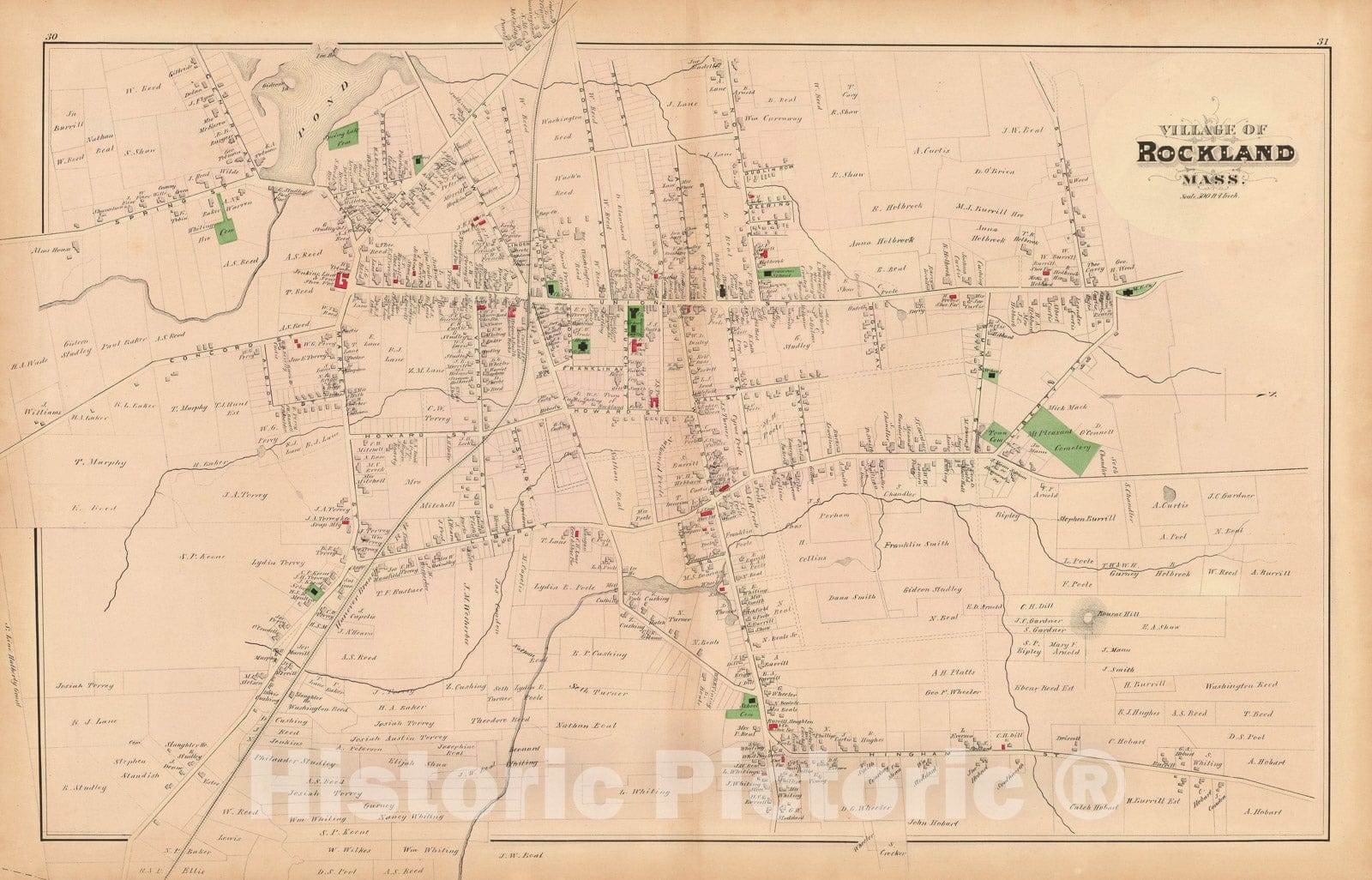 Historic Map : Atlas of Plymouth County Massachusetts, Rockland 1879 , Vintage Wall Art