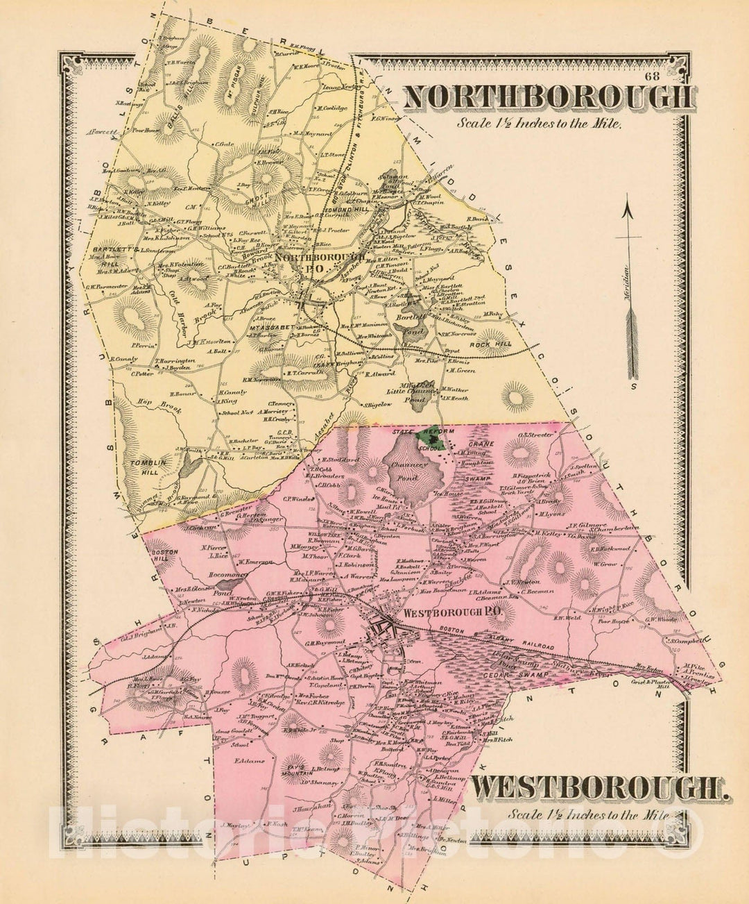 Historic Map : Atlas of Worcester County, Massachsuetts, Northborough & Westborough 1870 , Vintage Wall Art