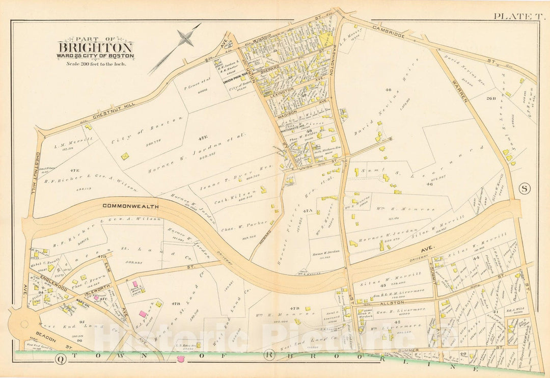 Historic Map : Atlas Town of Brookline, Brighton & Brookline 1888 Plate T , Vintage Wall Art