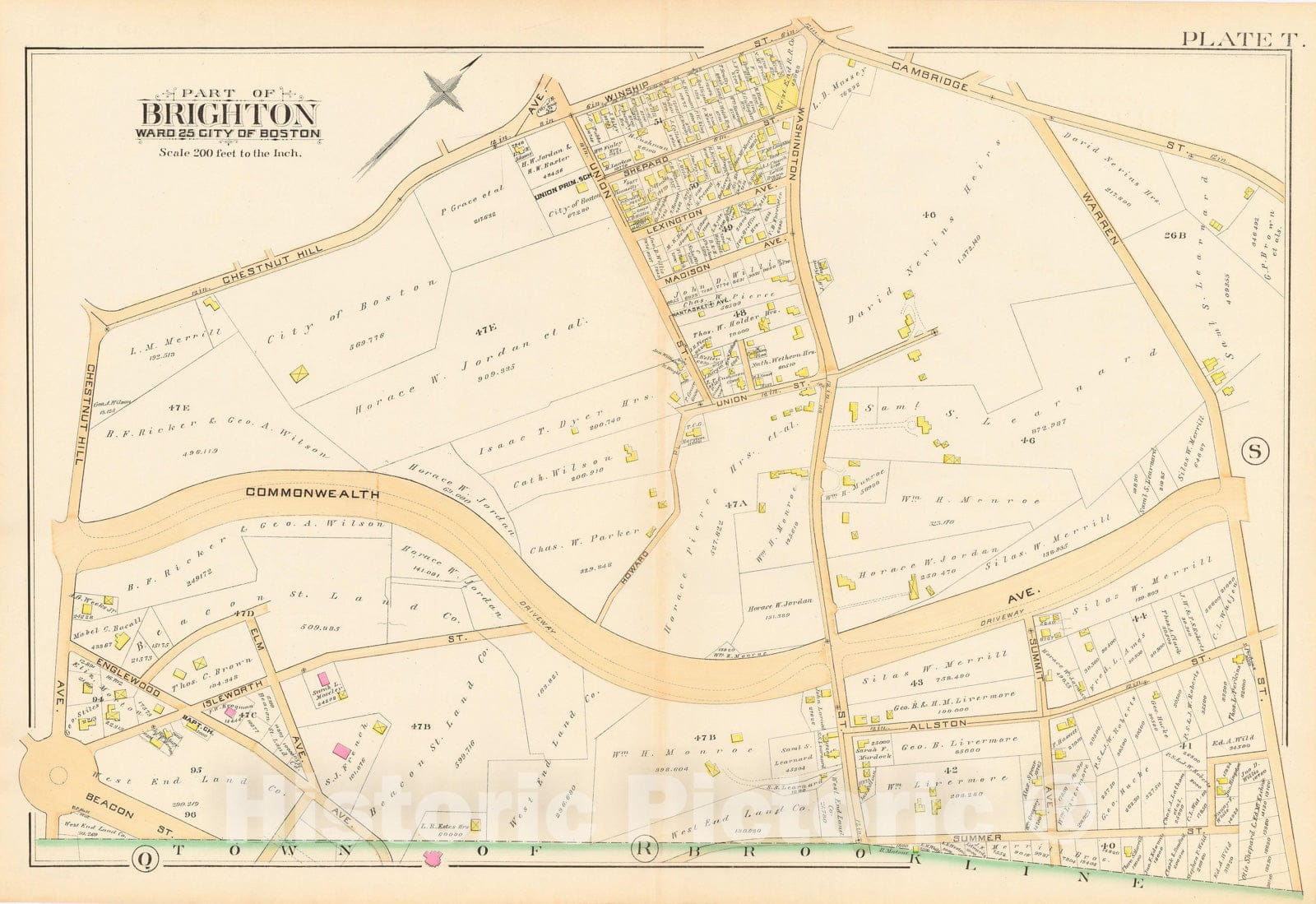 Historic Map : Atlas Town of Brookline, Brighton & Brookline 1888 Plate T , Vintage Wall Art