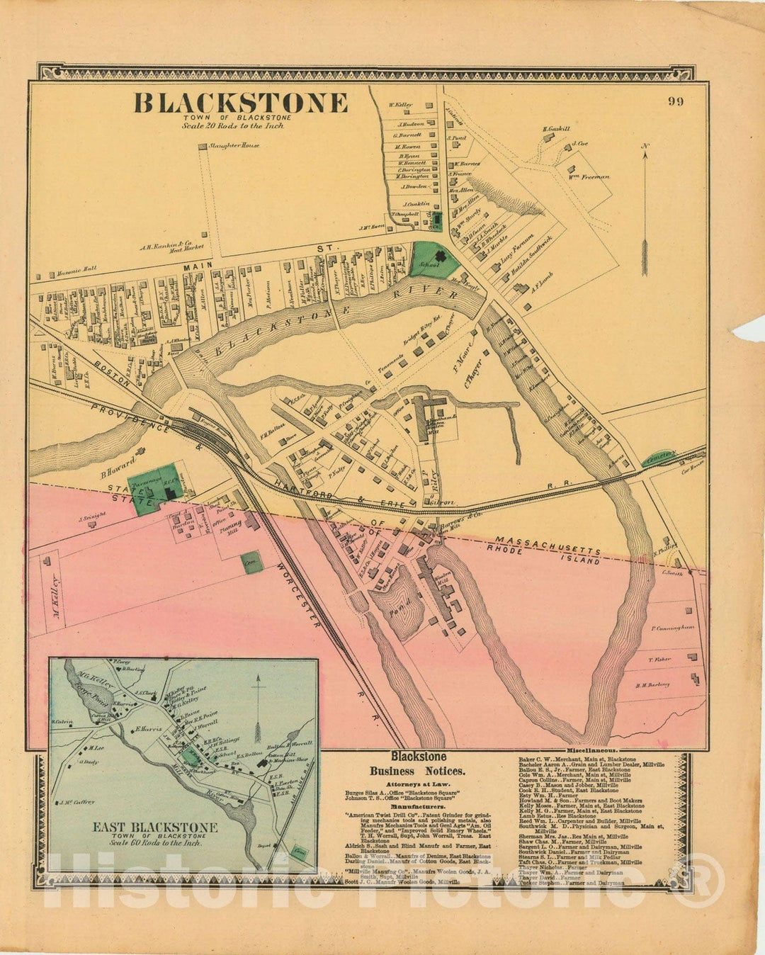 Historic Map : Atlas of Worcester County, Massachsuetts, Blackstone 1870 , Vintage Wall Art
