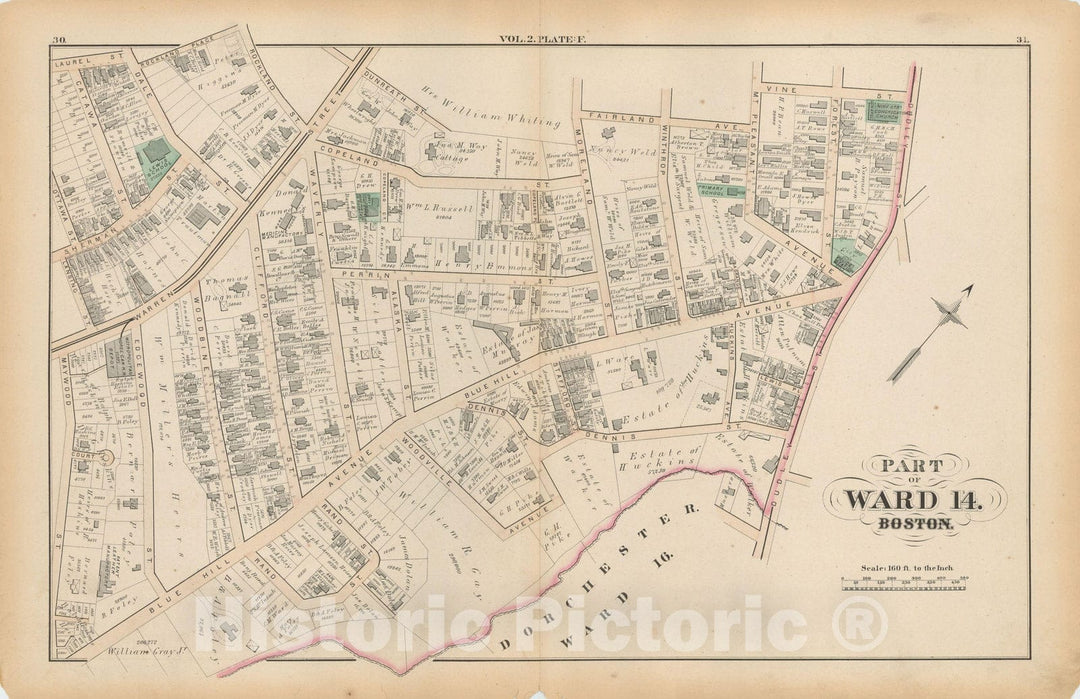 Historic Map : Atlas of County of Suffolk, MA Vol. 2nd, Roxbury 1873 Plate F , Vintage Wall Art
