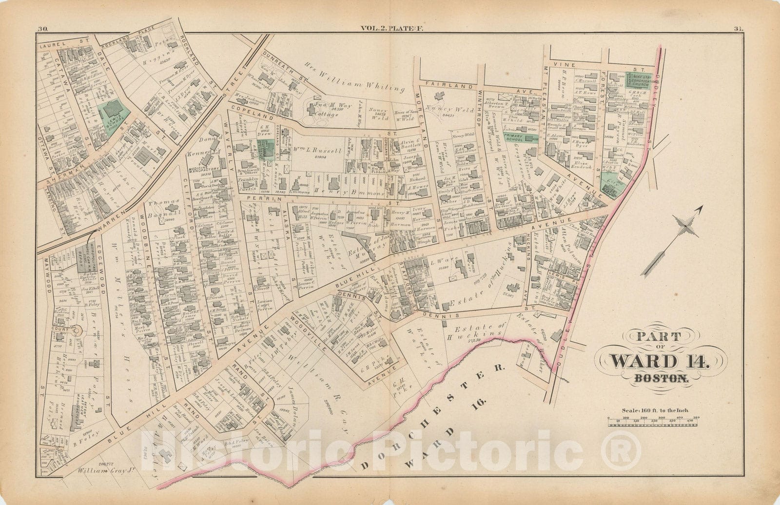 Historic Map : Atlas of County of Suffolk, MA Vol. 2nd, Roxbury 1873 Plate F , Vintage Wall Art