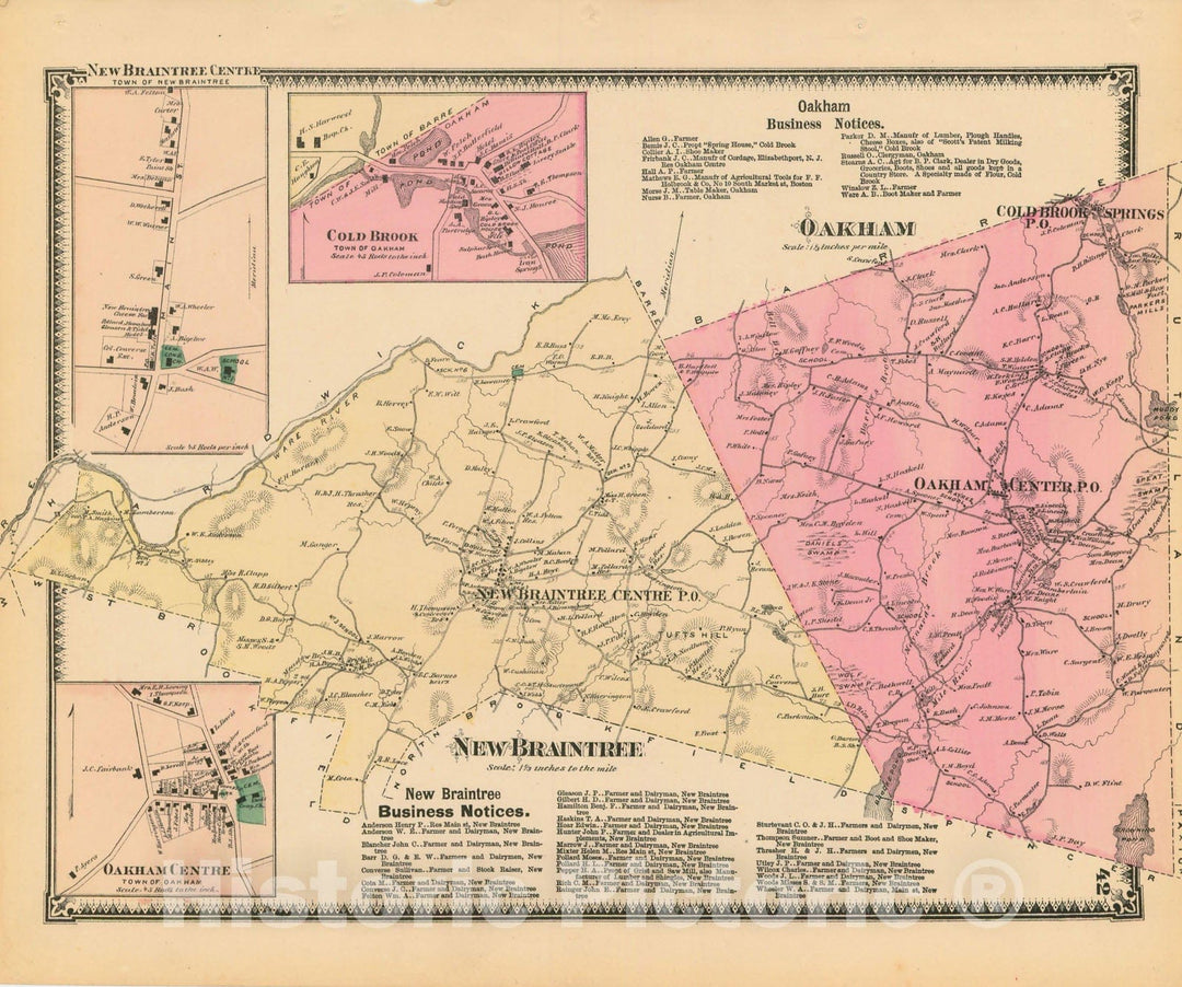 Historic Map : Atlas of Worcester County, Massachsuetts, New Braintree & Oakham 1870 , Vintage Wall Art