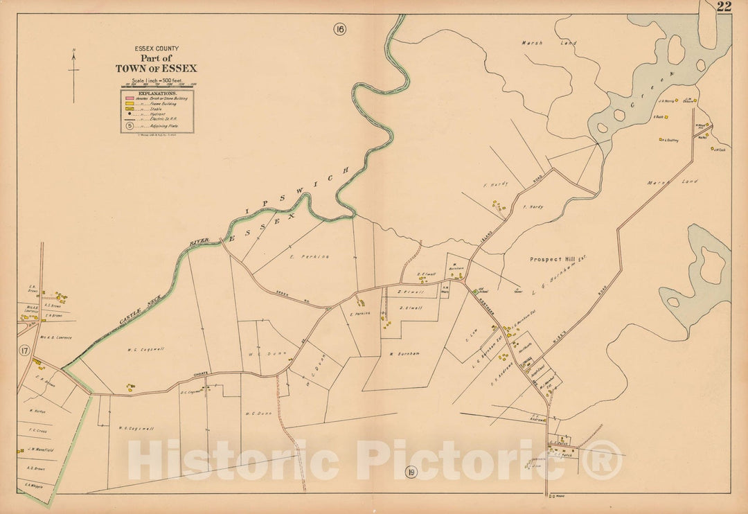 Historic Map : Atlas Towns of Topsfield, Ipswich, Essex, Hamilton and Wenham, Essex County, MA, Essex 1910 Plate 022 , Vintage Wall Art