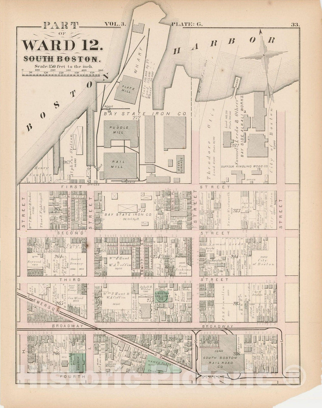 Historic Map : Atlas of County of Suffolk, MA Vol. 3rd, South Boston 1874 Plate G , Vintage Wall Art