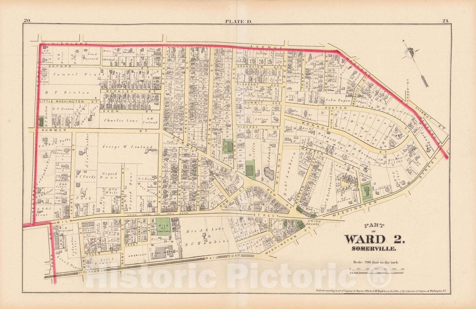 Historic Map : Atlas City of Somerville, Somerville 1874 Plate D , Vintage Wall Art