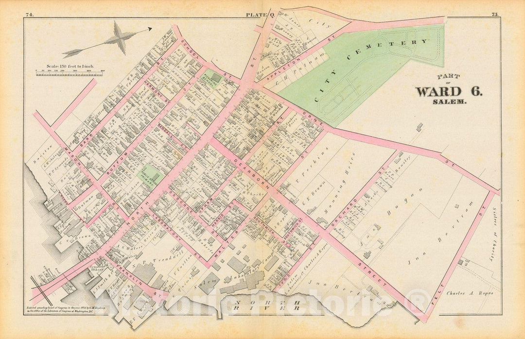 Historic Map : Atlas City of Salem, Massachusetts, Salem 1874 Plate Q , Vintage Wall Art